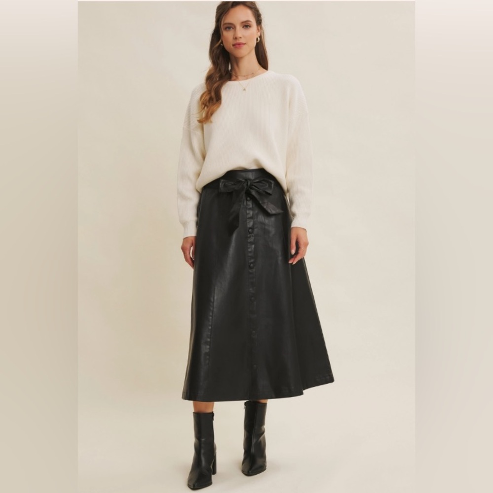 FRNCH PARIS FAUX LEATHER BUTTON MIDI SKIRT WITH TIE
